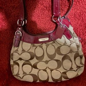 Coach Burgundy and Brown Signature Shoulder Bag
